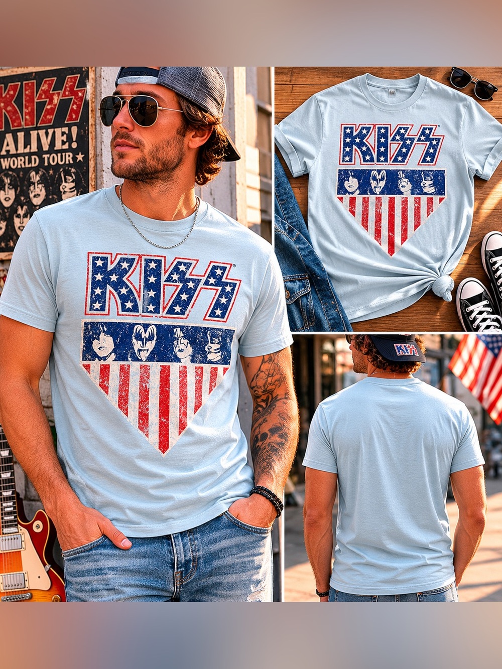KISS Men's Medium NWT Americana Logo Classic Rock Band Graphic T Shirt Blue